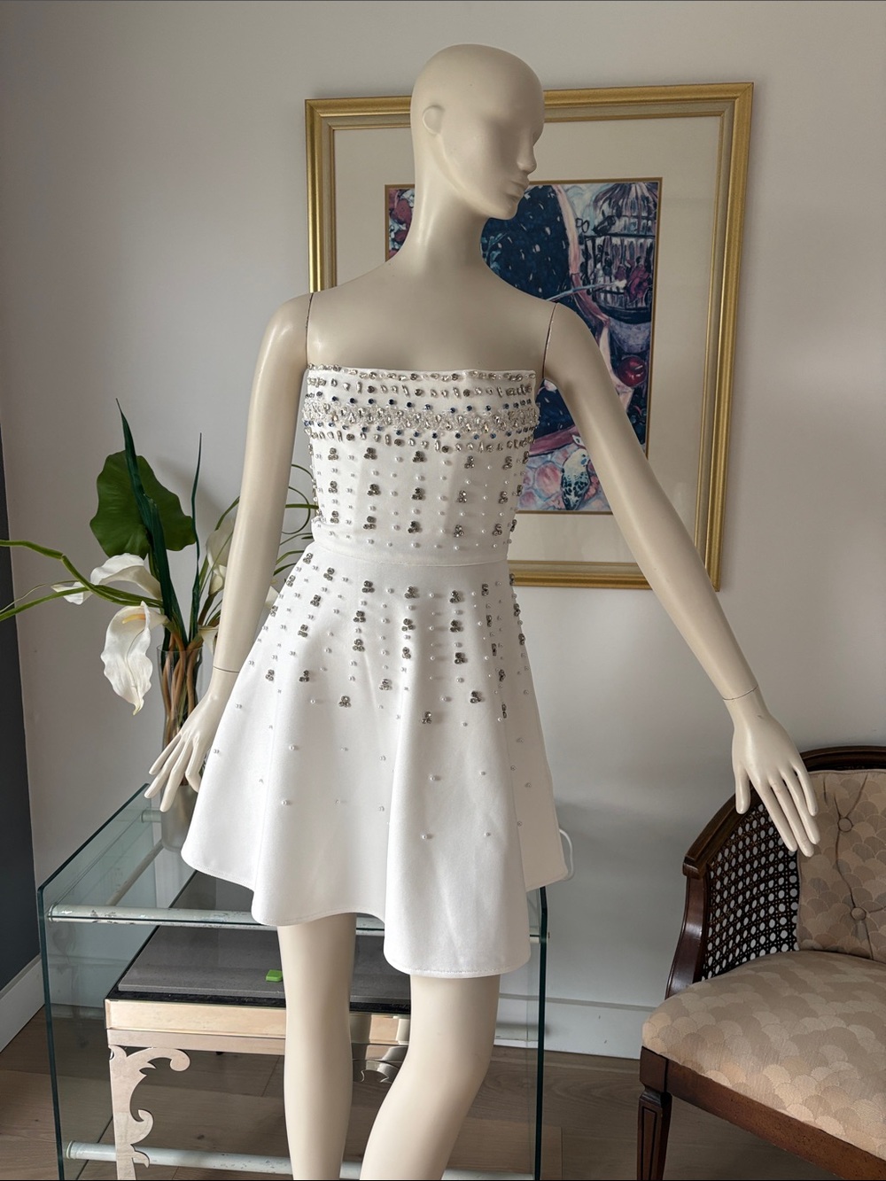 White Beaded Strapless Mini Dress